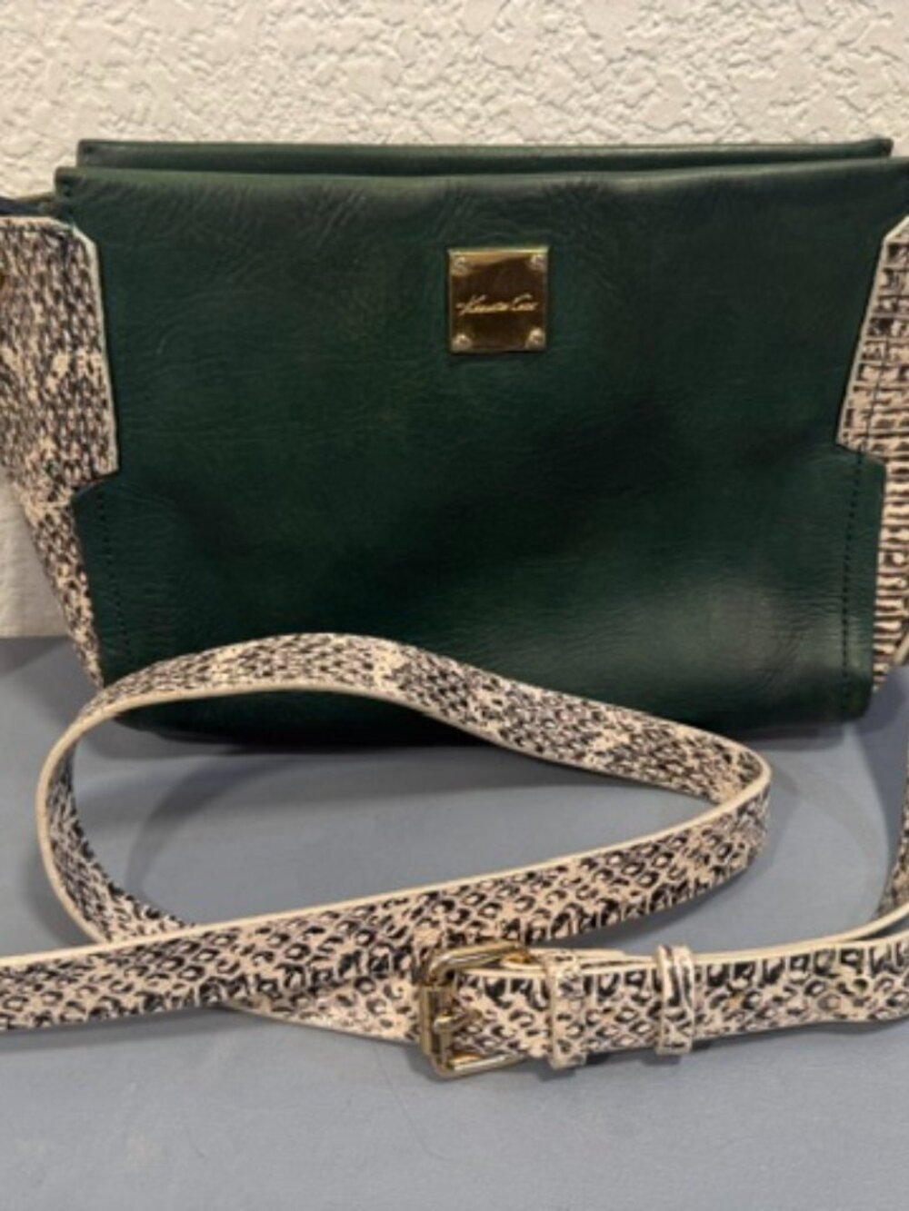 Kenneth Cole Emerald Green Leather Crossbody Snake Print Trim